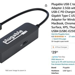 Plugable USB C to Ethernet Adapter 2.5Gb with 100W USB-C PD Charging